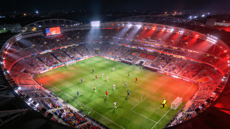 现代足球场鸟瞰图，夜晚灯光璀璨，正在举行重要比赛